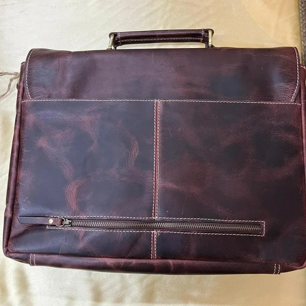 NWT Aaron Leather Goods messenger laptop bag dark brown genuine